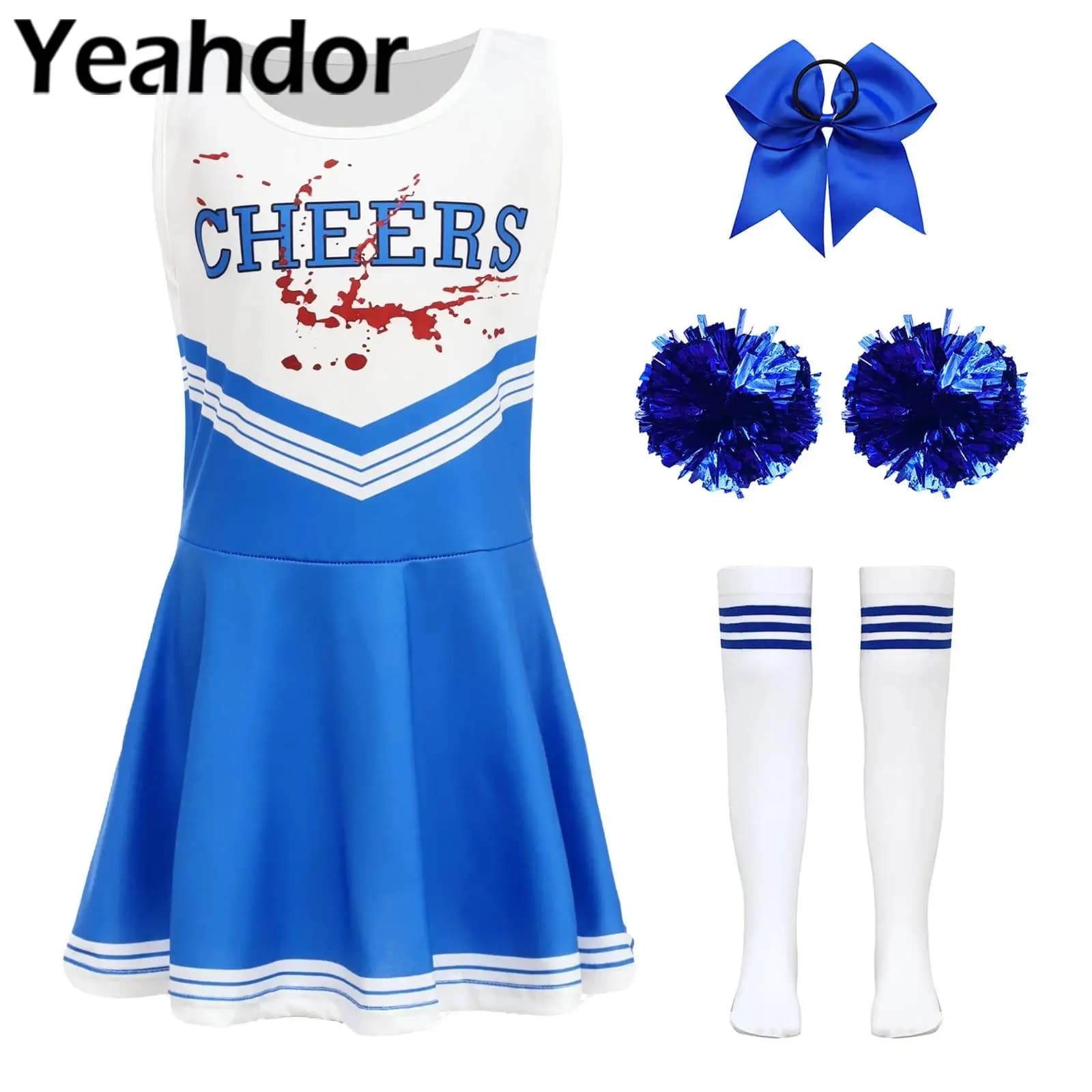 Costume da cheer leader per ragazze per bambini, uniforme da ballo, vestito da spettacolo, abito con stampa di lettere, include cravatta per capelli, fiori a mano, calzini a righe