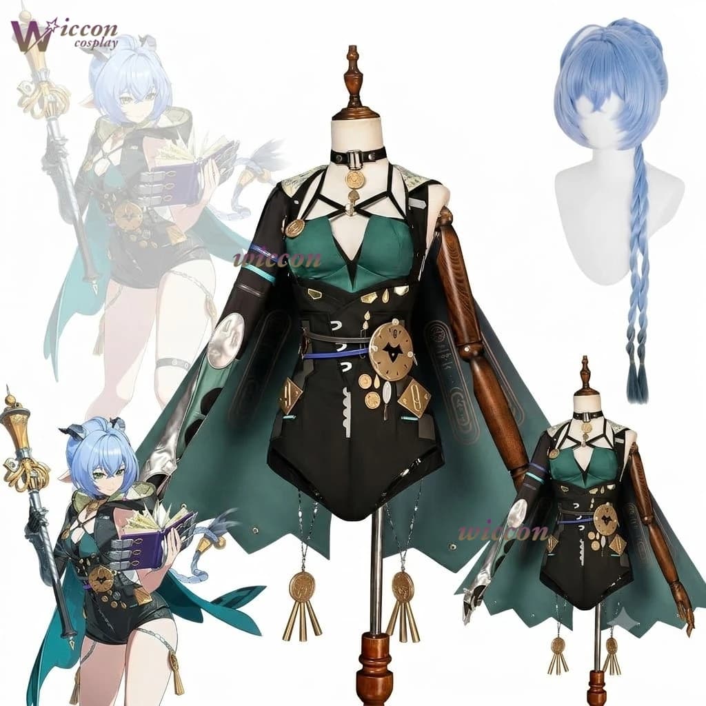 Zenless Zone Zero Lucia Elowen ZZZ Cosplay Blue Hair Beast Ears Tail Cloak Hood Staff Book Night Emissary Full Set Halloween