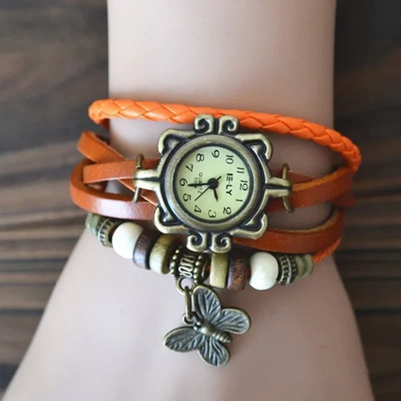 Orologio da donna in pelle retrò intrecciata a mano, cinturino sottile in rame antico, ciondolo, squisito orologio al quarzo alla moda, forniture per decorazioni a mano