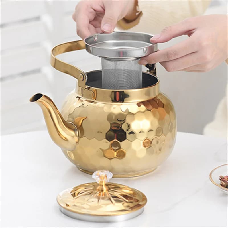 Teiera per piano cottura elettrico in ceramica, lussuosa teiera in acciaio inossidabile dorato con infusore, teiera per ristorante cinese.
