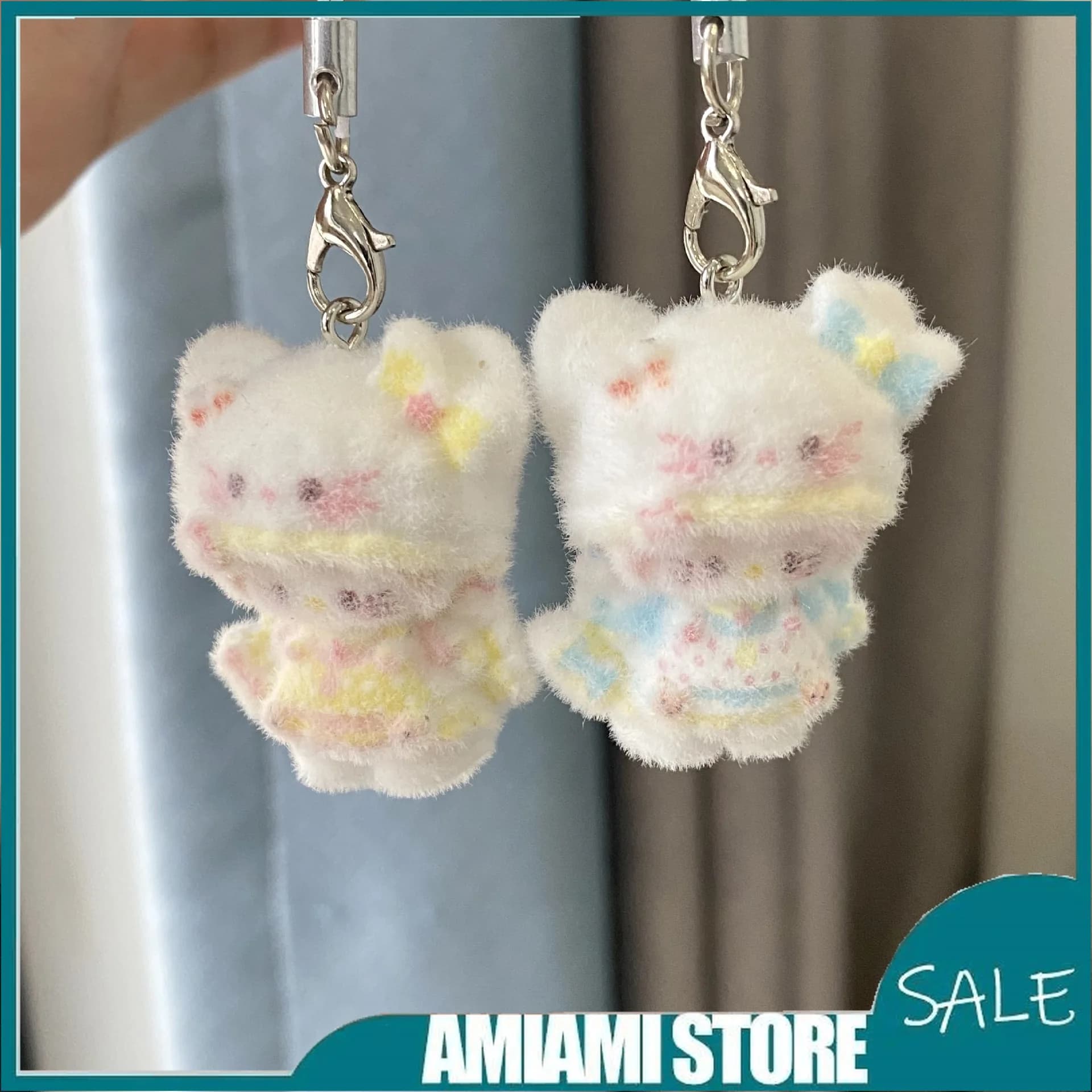 Portachiavi Mini Floccato Carino, Ciondolo Peluche Kawaii, Portachiavi per iPhone, Decorazione Borsa, Ciondolo a Forma di Gatto con Fiocco, Regalo per Ragazza