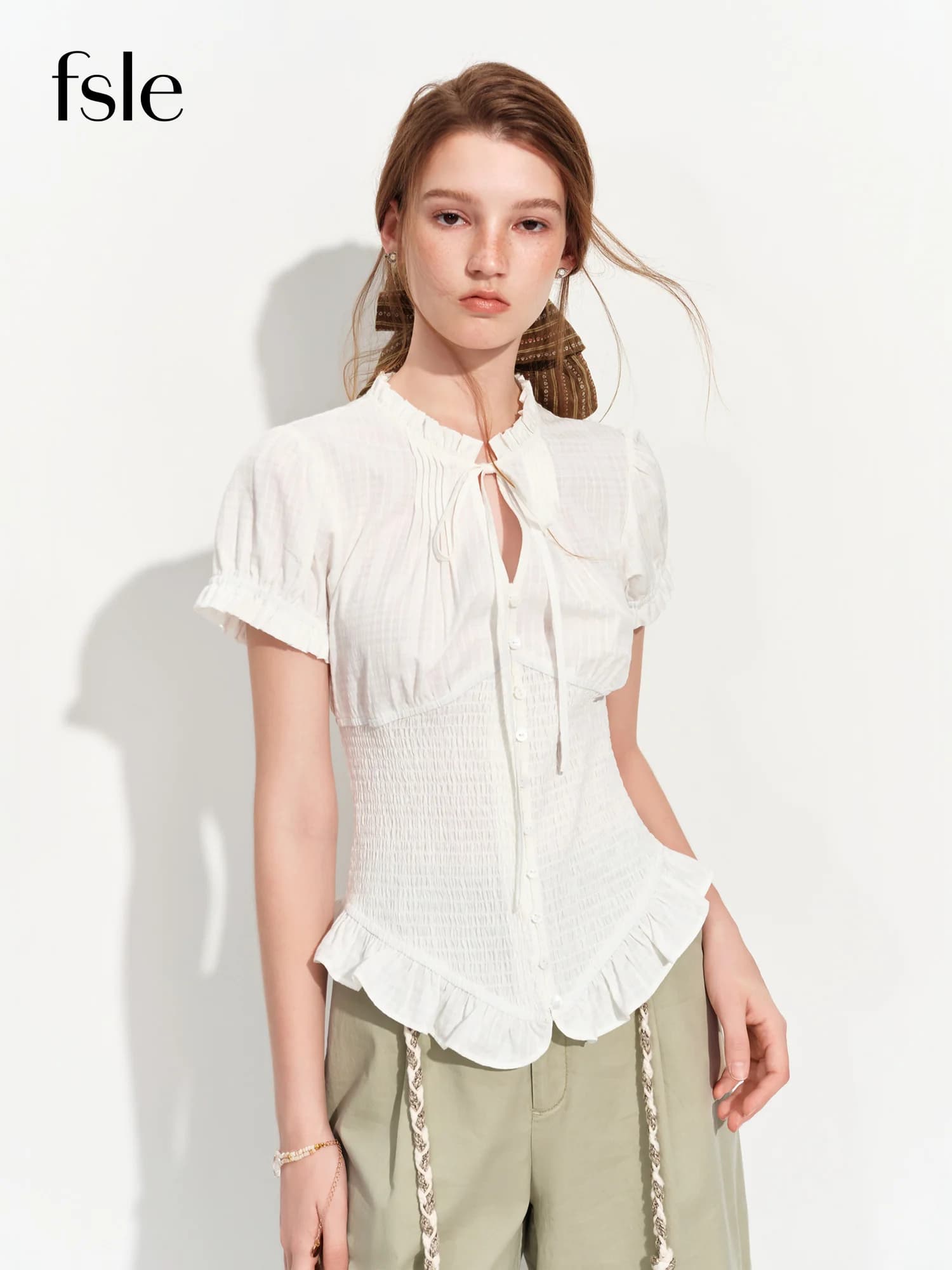 FSLE 2026 Summer Women's French Ruffle Trim Blouse, Bubble Gauze Smocked Waist Short Sleeve Top for Coquette Office Style