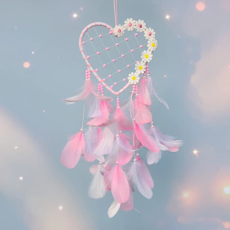 Heart Pink Feathers Dream Catcher With Flowers Wind Chimes Door Pendants Home Decorations Bedroom Decor For Girls Holiday Gift