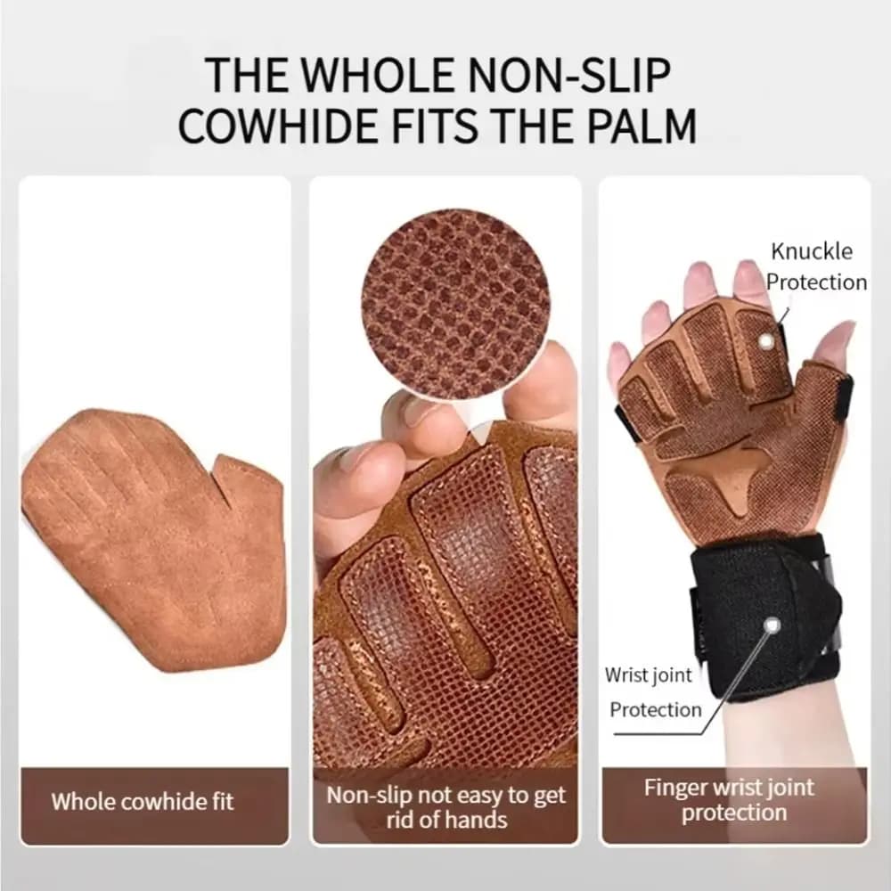 1 pair of weight lifting gloves in cow leather, anti-slip, breathable, ventilated, for gym, pull-up, heel, fitness, workout