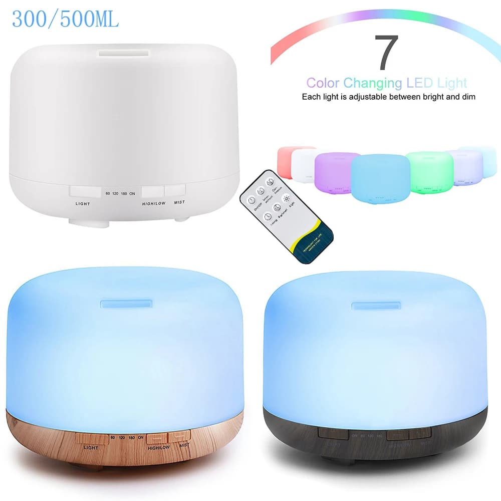 Umidificatore d'Aria 300-500ML con Telecomando, Diffusore di Aromi a Ultrasuoni Colorato Non Stampato, Bianco Puro, Legno Chiaro Scuro