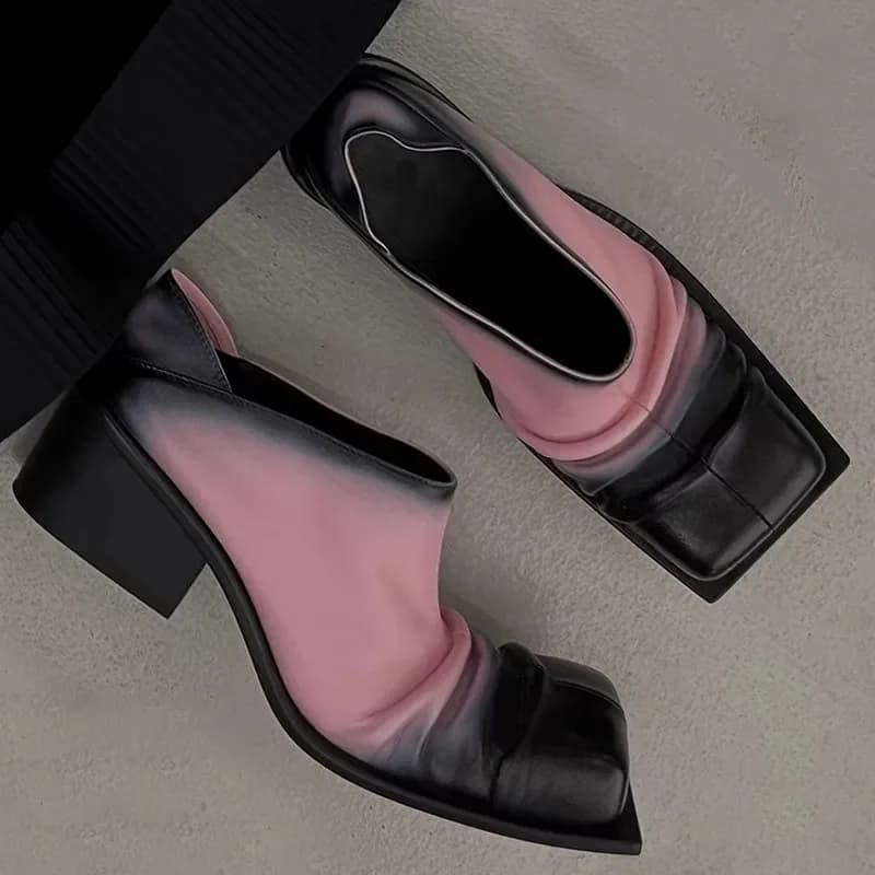 Leather shoes with big heel and square tip matched with retro colors Woman 2025 Slip On Muller Shoes with high heel pleated for woman Pink Brown