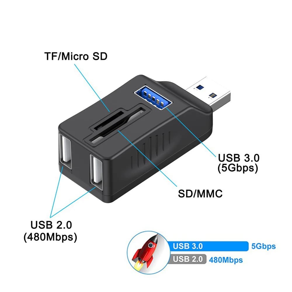 Hub USB 3.0 5 in 1 con lettore di schede TF, Micro SD, MMC, splitter cavo USB, adattatore per estensione memoria, convertitore USB per tastiera, mouse, fotocamera, disco.