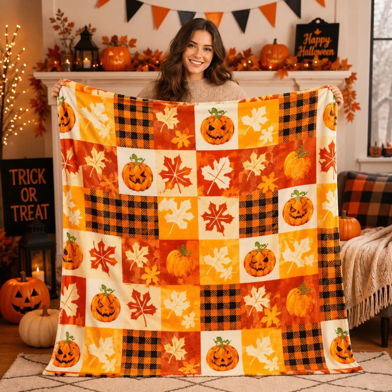 ROMROL Halloween Fleece Throw Blanket Pumpkin Leaves Fall Plaid Soft