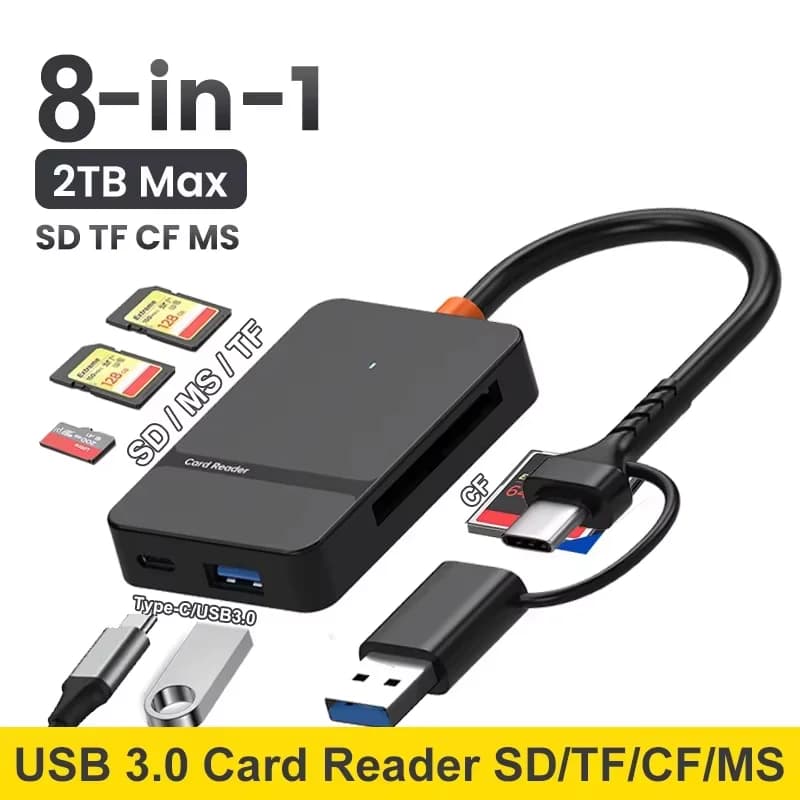Lettore di Schede USB 3.0 8 in 1 per SD, Micro SD, TF, CF, MS, U Disk, Compact Flash, Adattatore per Laptop, Lettore Multi-Scheda Intelligente