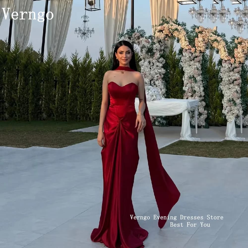Verngo Elegant Burgundy Satin Evening Dress Strapless Pleated Sweetheart Mermaid Scarf Prom Dresses Women Party Gown Customized