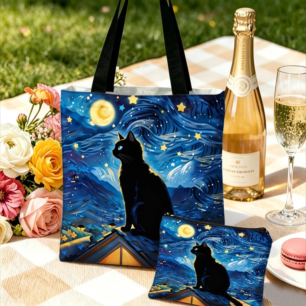 Cat Silhouette Handbag Blue Starry Night Painting Tote Bags And Makeup Bag Combination For Art Lovers Cosmetic Portable Pouch