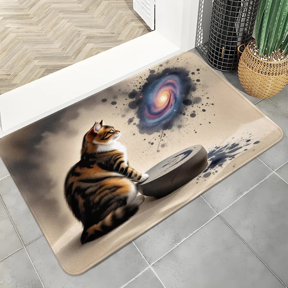 Cute Cat with Galaxy & Vinyl Record Door Mat, Artistic Pet Print Non-Slip Floor Rug for Entryway Living Room Home Decor