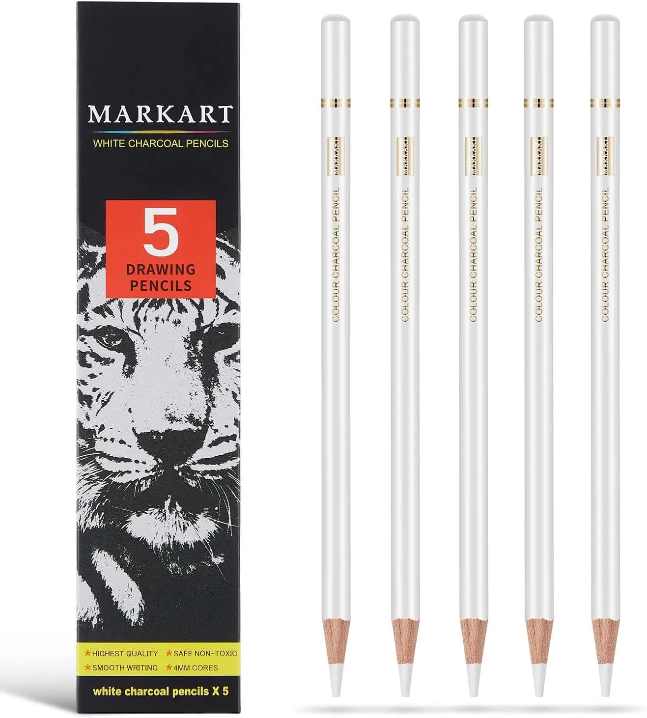 White Charcoal Pencils Set for Drawing, Sketching, Shading, 5-Piece Highlight Pencils for Dark Paper
