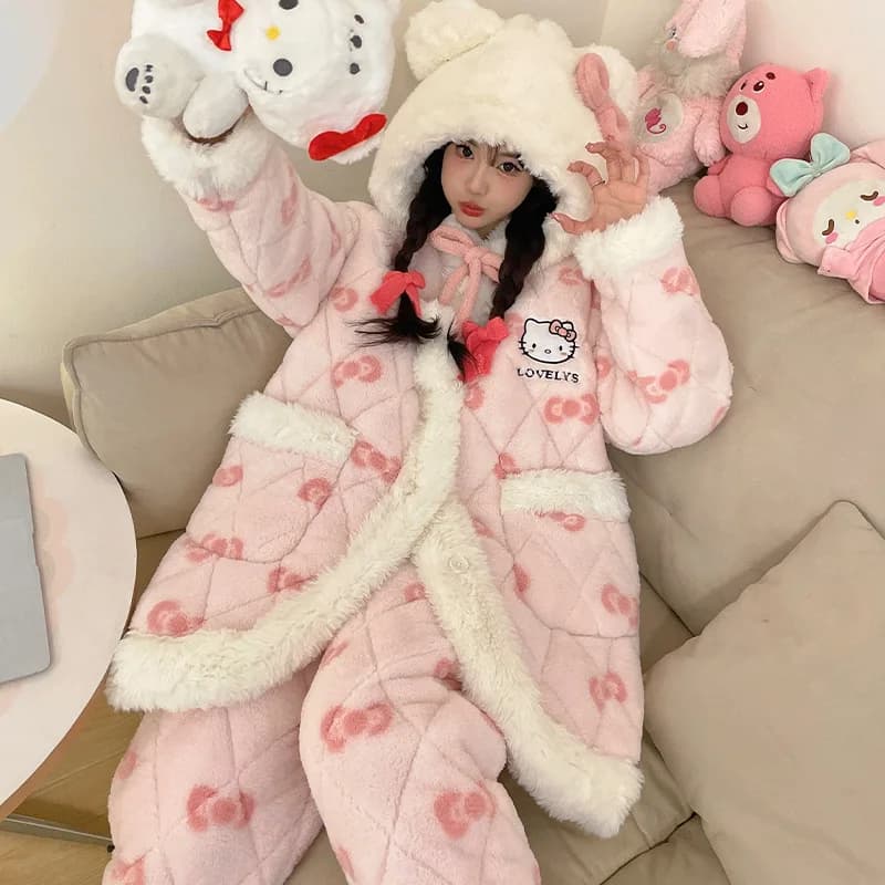 Hello Kitty Pigiama quilted in two pieces Set of woman Pink 2025 Winter White Soft pajamas Casual Y2K Estetico Hot Pijama