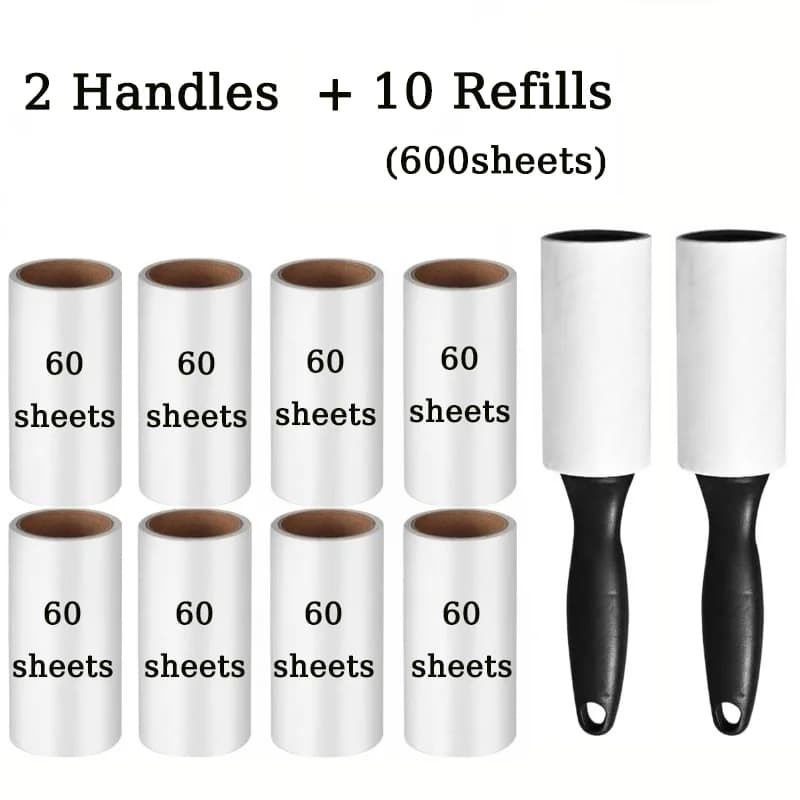 12-Pack Heavy Duty Pet Hair Remover Set - 2 Handles & 10 Refill Rolls in Black, Strong Adhesive Lint Rollers for Furniture, Carp