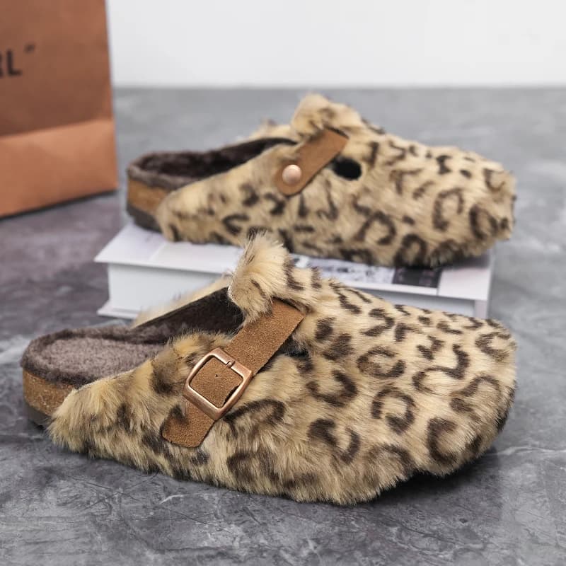 Leopard print Plush Fur Slippers Unisex Winter Cork Slippers Indoor Home Shoes Slip-on Sandals with Adjustable Buckle Closed Toe
