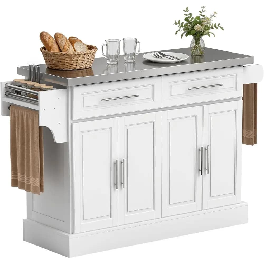Carrello da Cucina con Piano in Acciaio Inox 47, Ripiani Regolabili, 2 Cassetti, Porta Spezie e Portasciugamani, Bianco