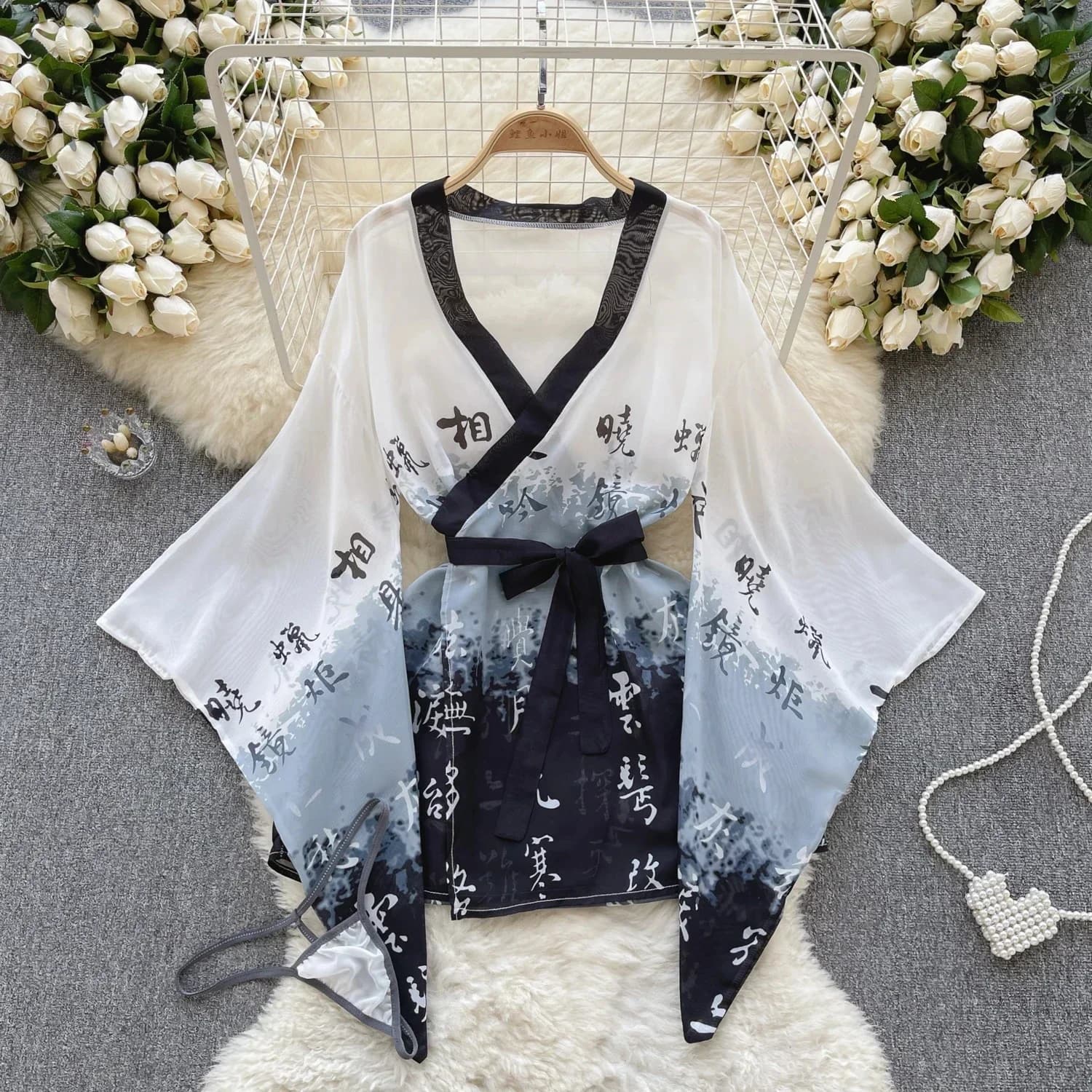 Japanese Kimono with slightly transparent women's dress print sexy night dresses wide suede sets of dresses