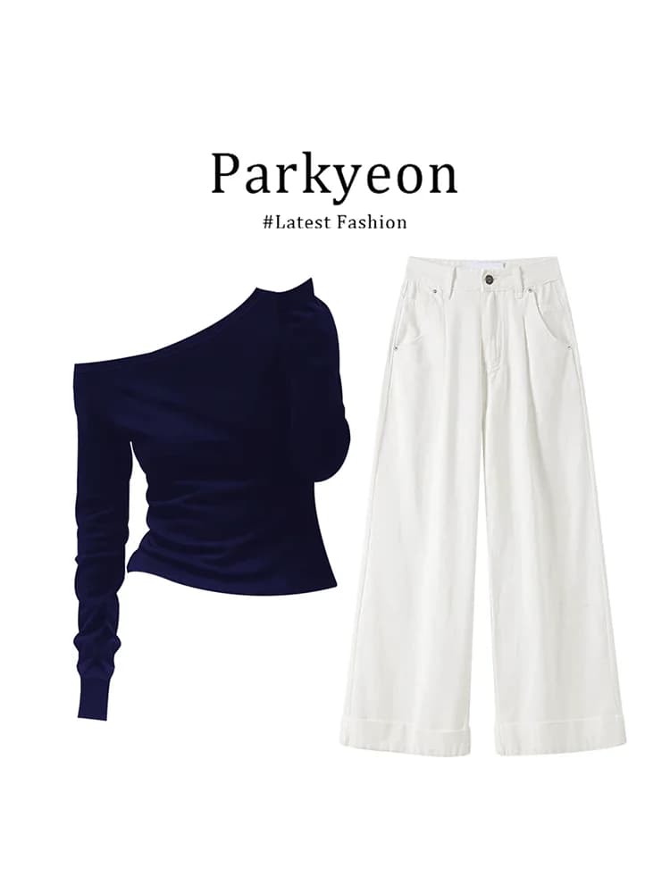 Completo due pezzi Parkyeon da donna taglie forti: T-shirt blu a maniche lunghe e pantaloni a gamba larga - Collezione Autunno Inverno