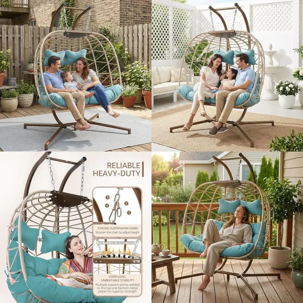 XL Bohemian hanging rocking chair with support, weatherproof padded rocking chair for 2 people, capacity 700 pounds, turquoise