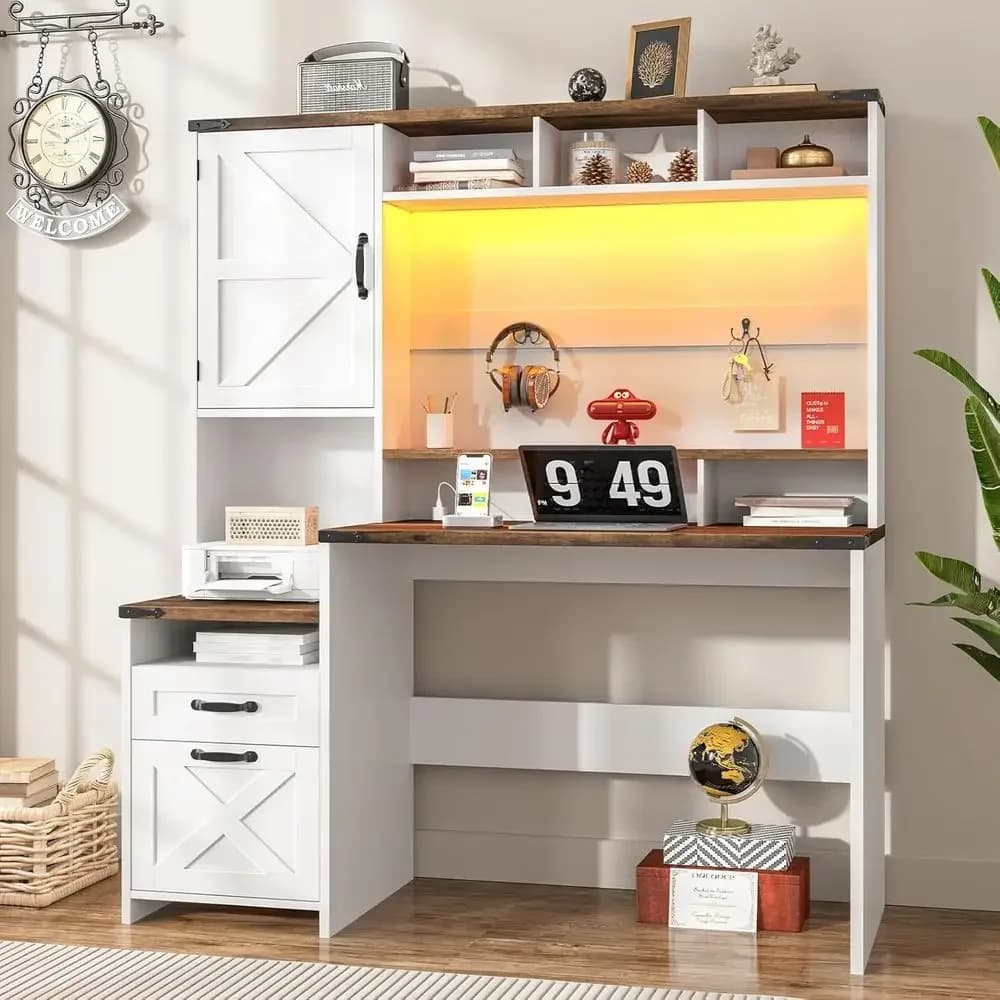 51-inch Modern Office Desk with Charging, LED Light, File Drawer, Storage, Monitor Stand, White Wood Computer Desk with Hutch