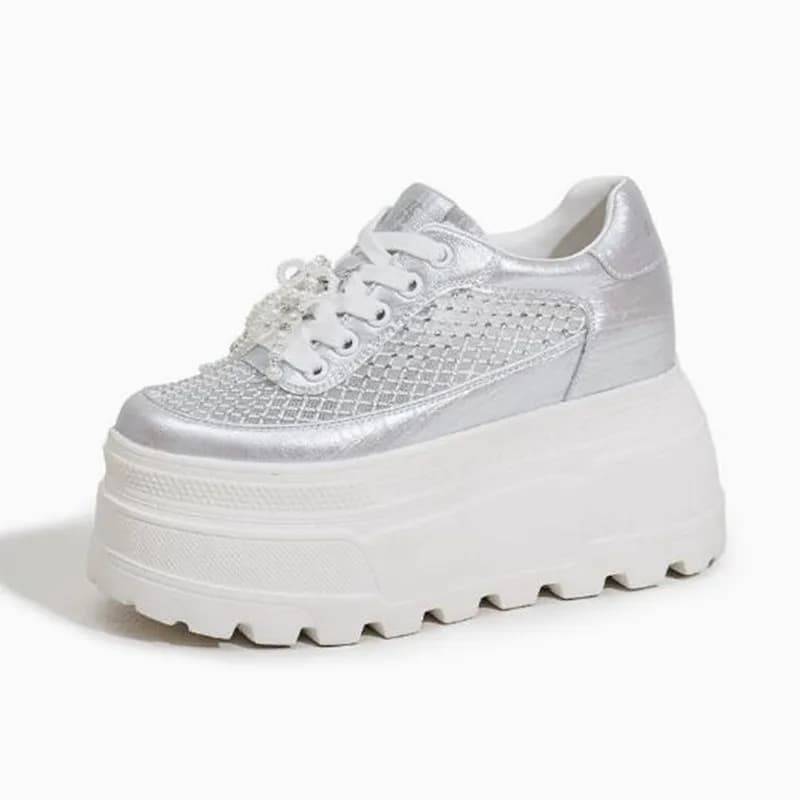 10cm Air Mesh Microfiber Leather Summer Women Casual Vulcanize Platform Wedge Sneaker Hidden Heel Bling Shoes Chunky Sneakers