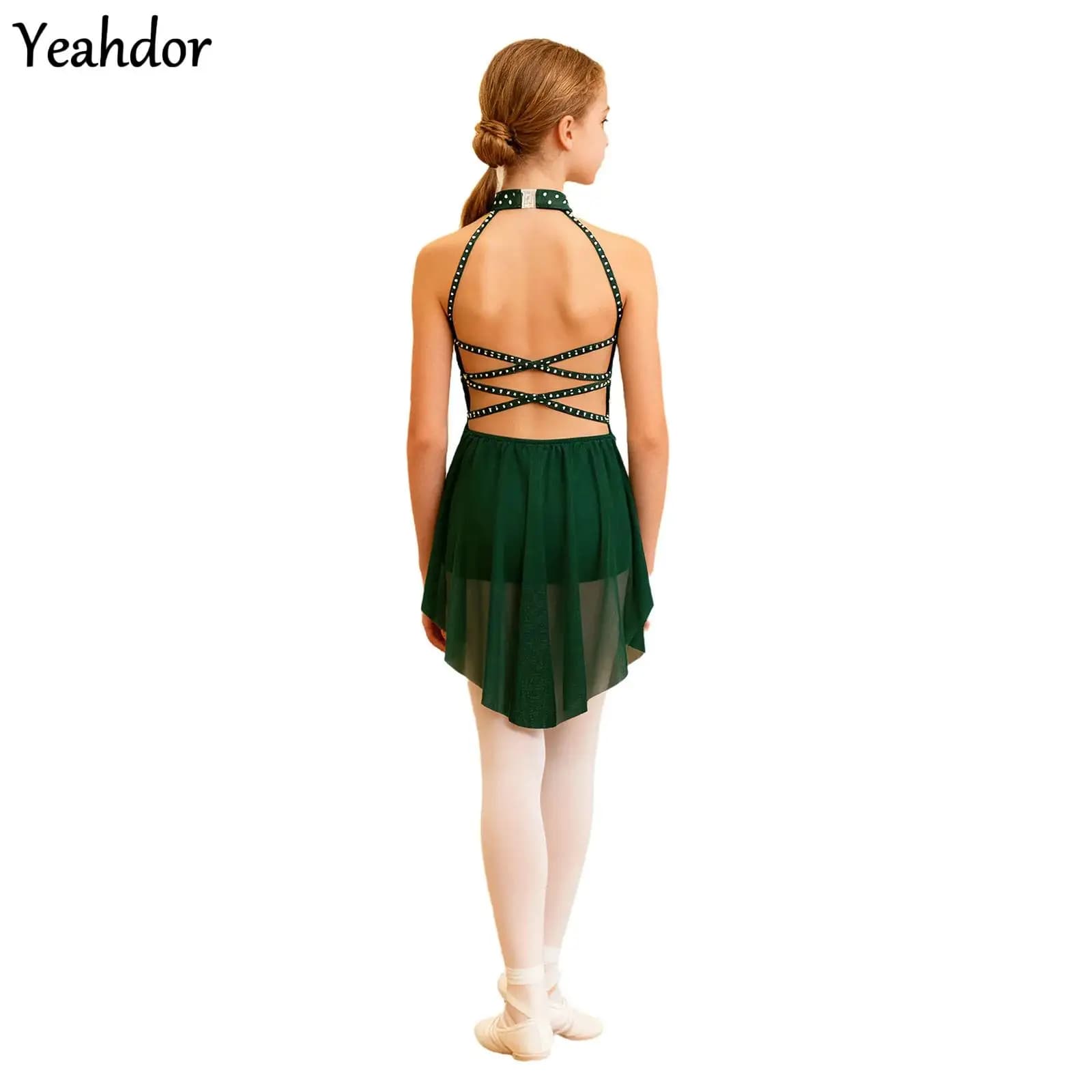 Girls Lyrical Dance Dress Rhinestones Gymnastics Ballet Leotard Dress Backless Sheer Mesh Modern Figure Skating Prom Costumes