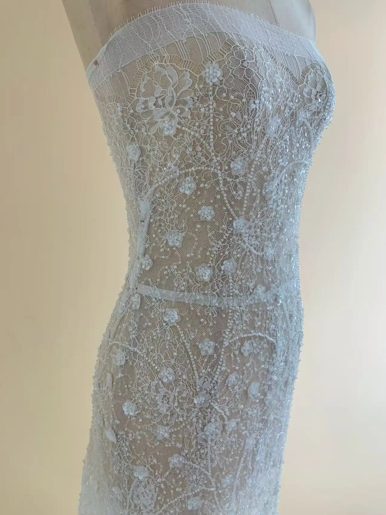 1 Yard Off White Seed Bead Sequins Flower Tulle Lace Fabric for Wedding Dress,Ball Gown,High End Party Costume