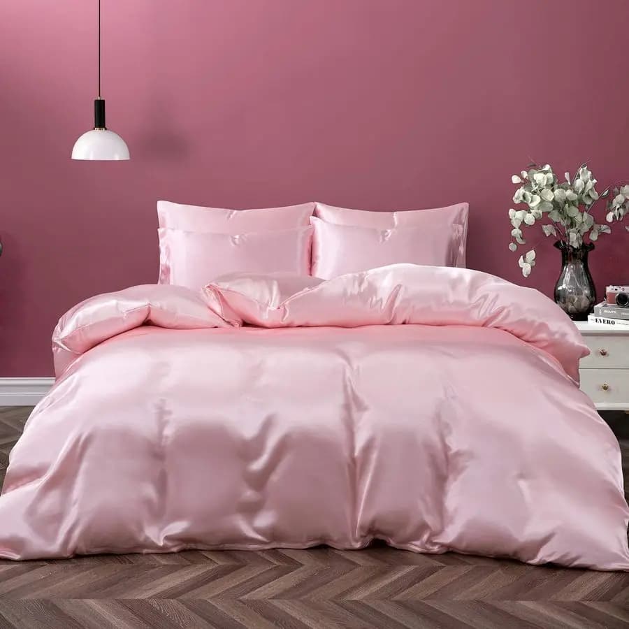 Set Copripiumino in Raso 5 Pezzi Misura Full Queen, Lussuoso Set Biancheria da Letto Rosa Cipria Effetto Seta con Chiusura a Cerniera, 1 Copripiumino