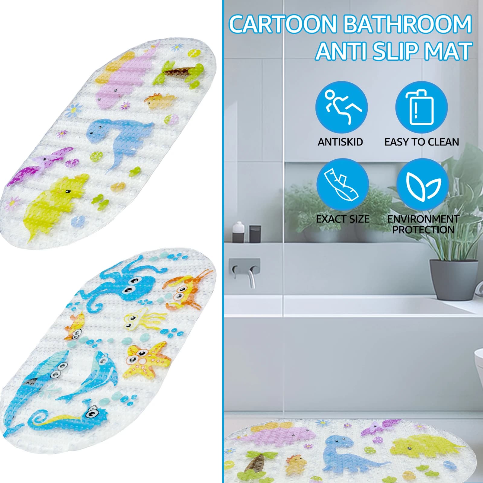 Tappetino da bagno antiscivolo per bambini in cartone animato tappetino da bagno in PVC con ventosa 69x39cm tappetino da doccia ovale per bagno per la casa