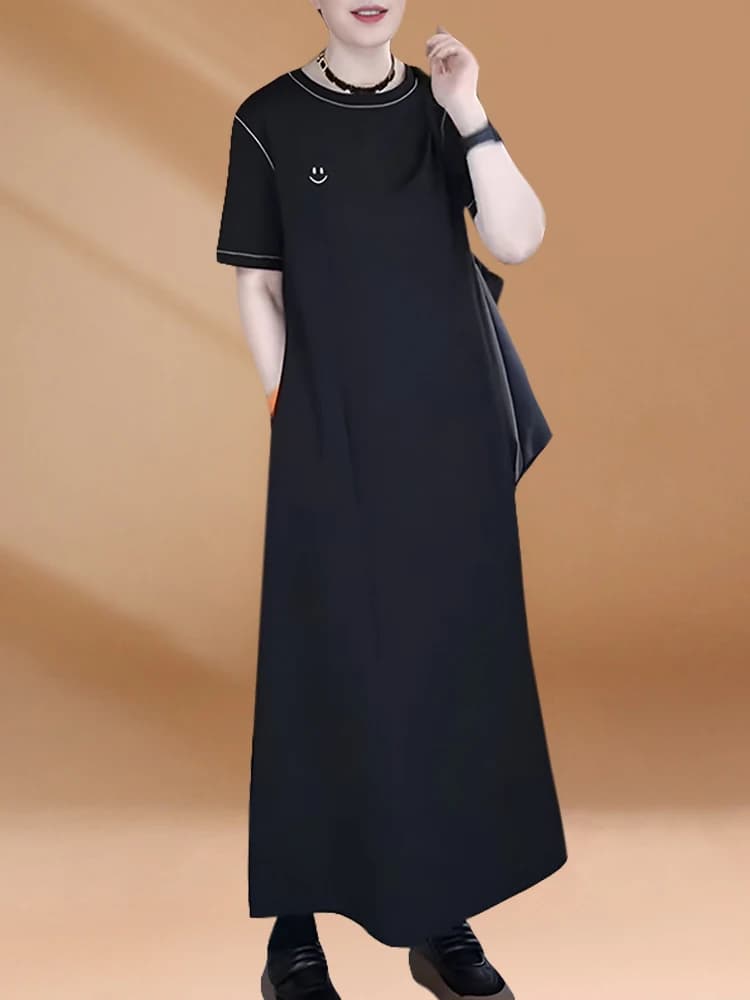 Elegant Simple Black Midi Dress Women's Fashion 2024 Summer Straight Cut High Waist T-Shirt Long Skirt Korean Style Commute
