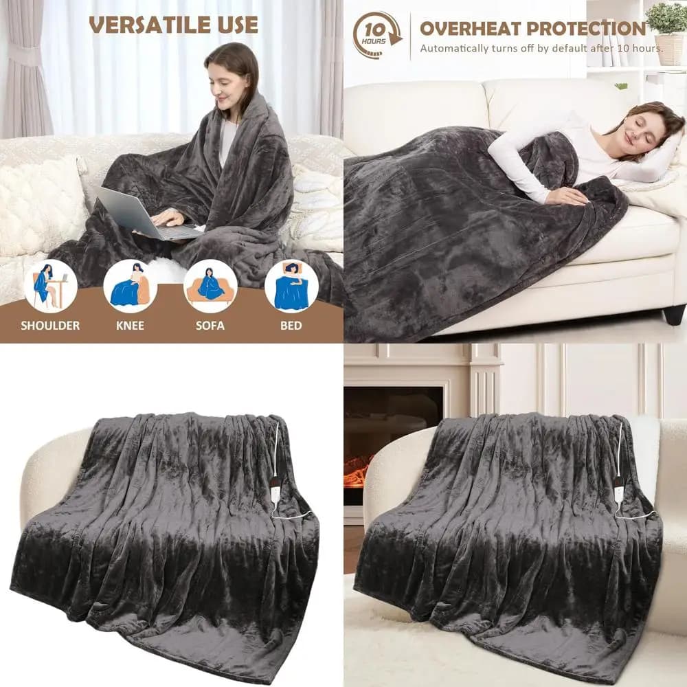 Coperta elettrica a grandezza naturale 72x84 con 10 timer, 6 livelli di calore, protezione da surriscaldamento, flanella Sherpa, certificata ETL, grigia