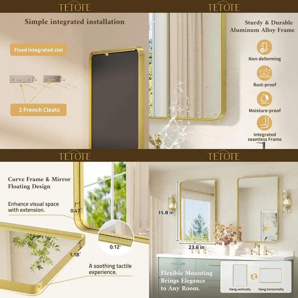 Specchio da parete 24 x 36 pollici in oro spazzolato con vetro temperato per l'arredamento del bagno