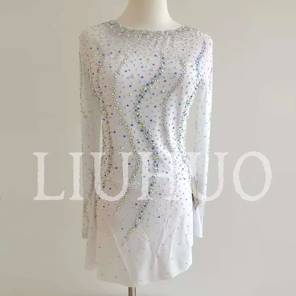 LIUHUO Abito da Pattinaggio Artistico Bianco per Ragazze e Donne, Schiena Aperta, Elasticizzato in Spandex, Abito da Competizione JC579