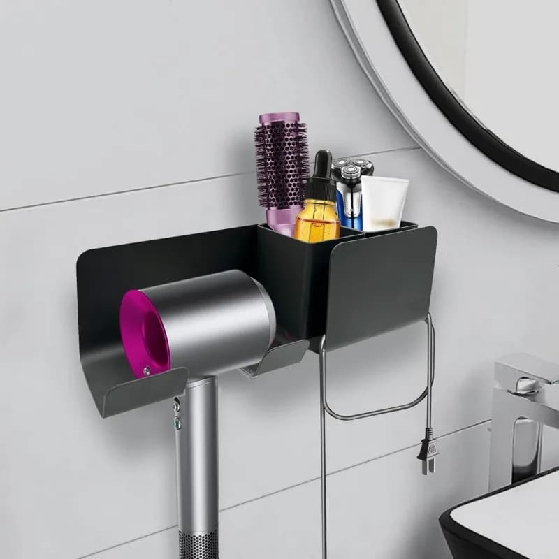 Mensola da Bagno Migliorata Senza Foratura, Porta Asciugacapelli in Metallo, Nuovo Portaoggetti da Bagno Senza Installazione per Asciugamani e Articoli da Toilette