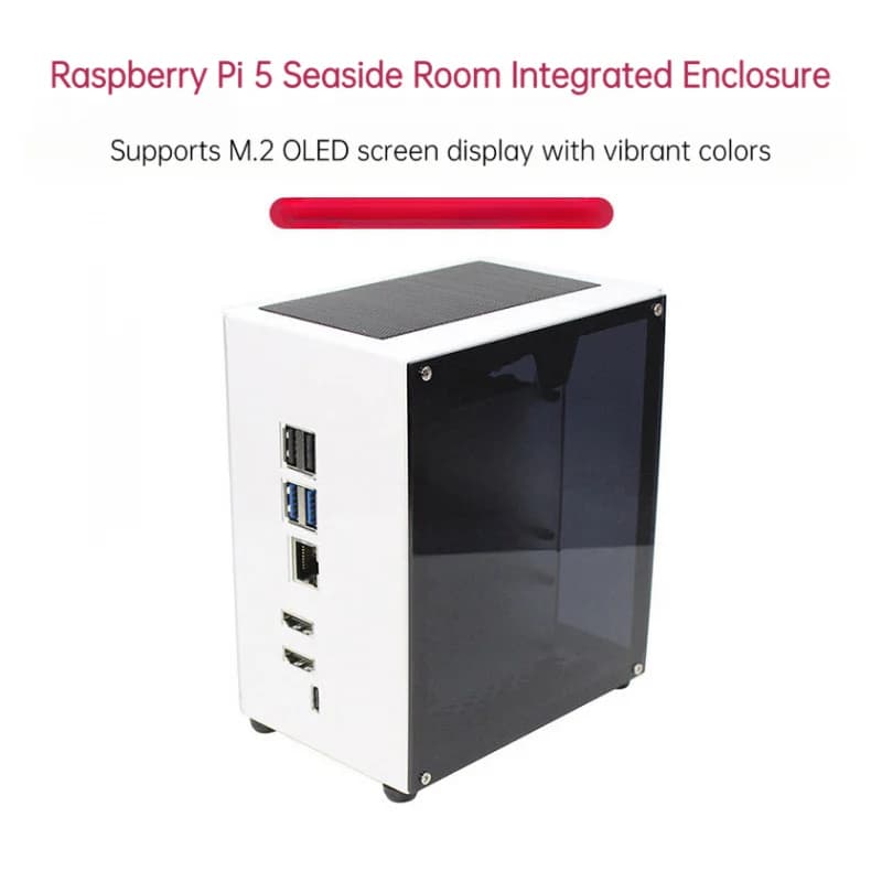 Raspberry Pi 5 Panoramic Acrylic Metal Case OLED RGB Fan M.2 SSD Enclosure