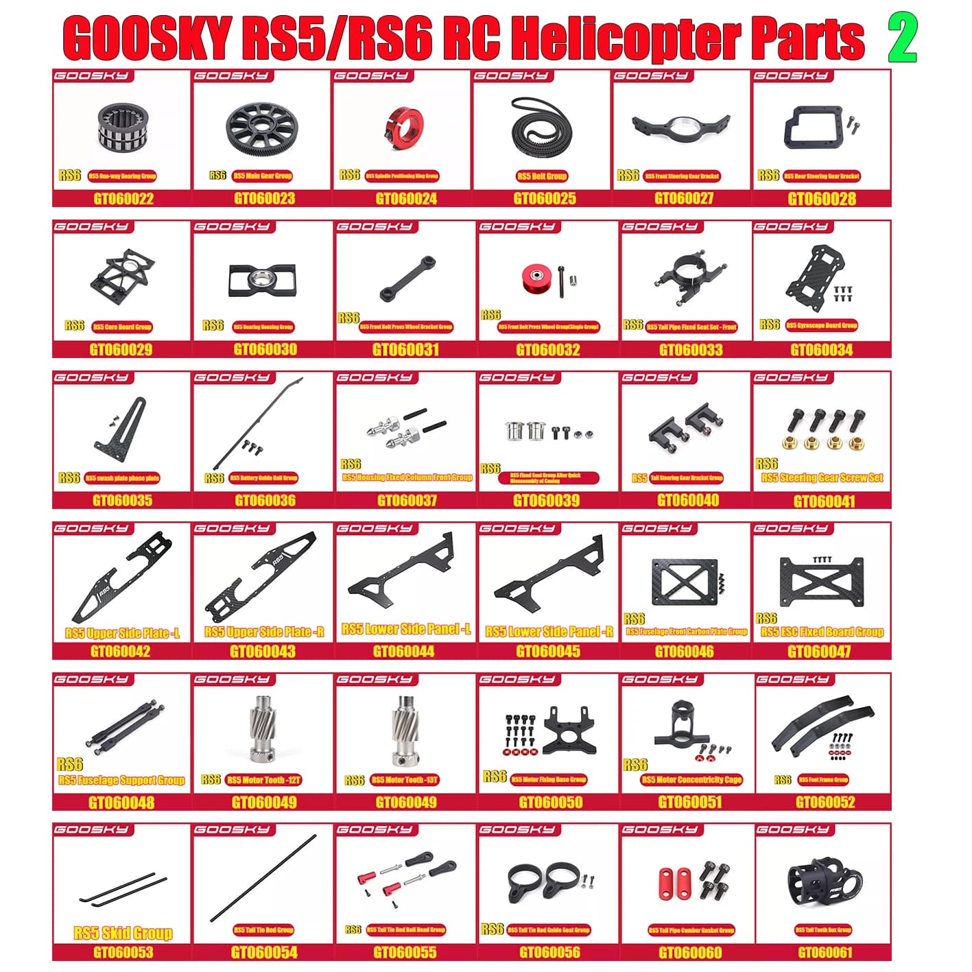 GOOSKY RS5 / RS6 RC Parti dell'elicottero Cuscinetto Ingranaggio principale Mandrino Anello di posizionamento Cintura Sterzo anteriore Supporto Tubo di scappamento Parte 2