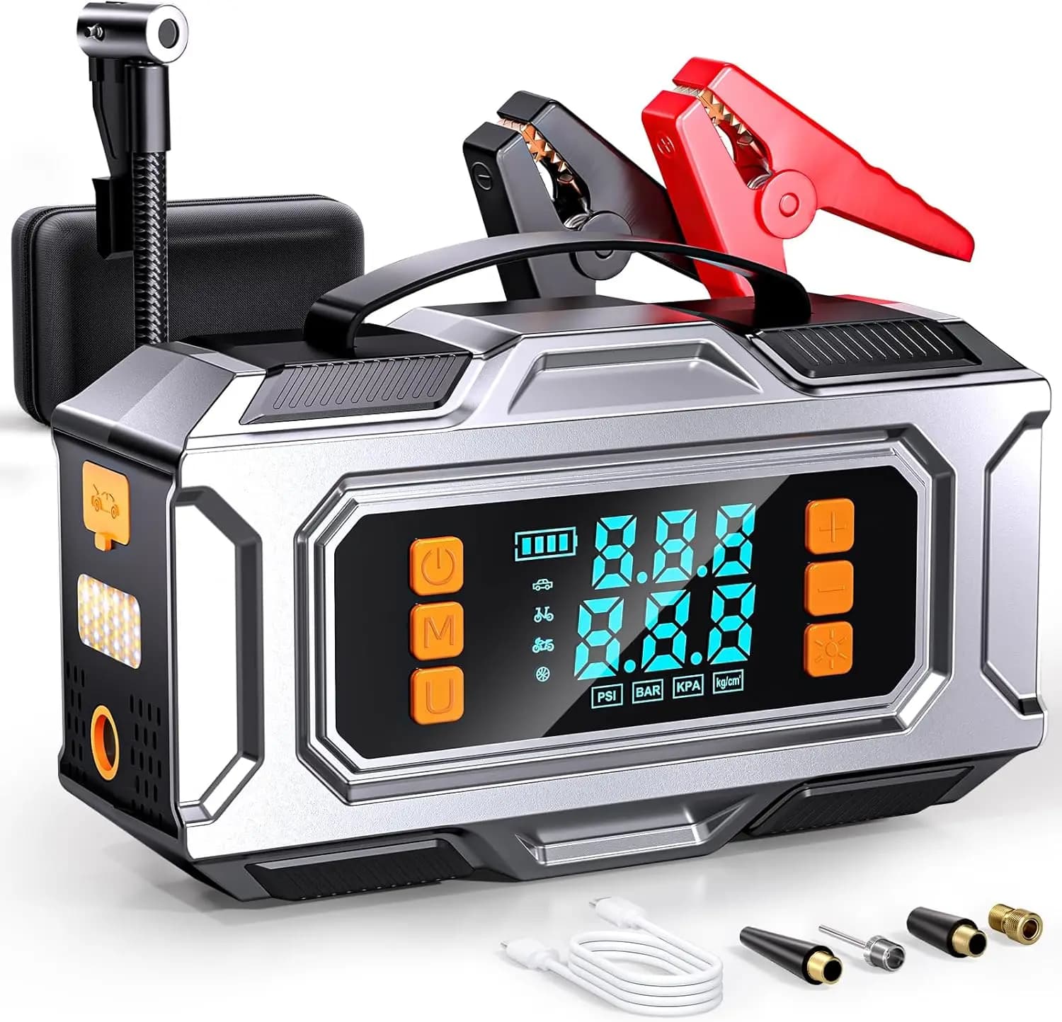Avviatore d'Emergenza per Auto 8000A con Compressore d'Aria, 180PSI, Alimentatore Portatile per Motori a Benzina 9.0L/Diesel 8.0L, Luce LED e Power Bank