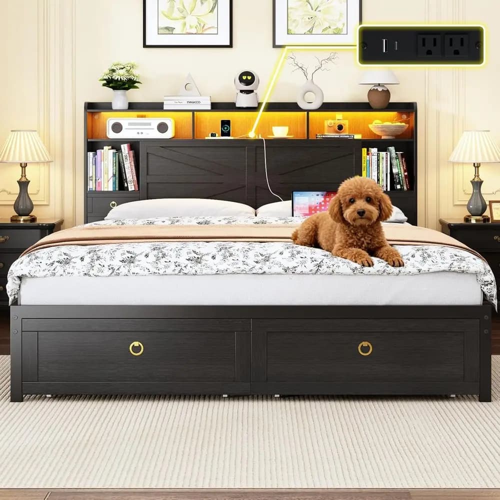 Black king size double bed with container, library, LED lights, charging station, metal slats holder, silent, without box springs.