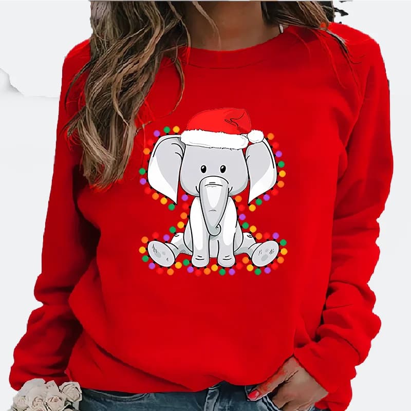 Felpa con cappuccio girocollo stampata con elefante natalizio carino con cappello Autunno Inverno Streetwear per uomo Donna