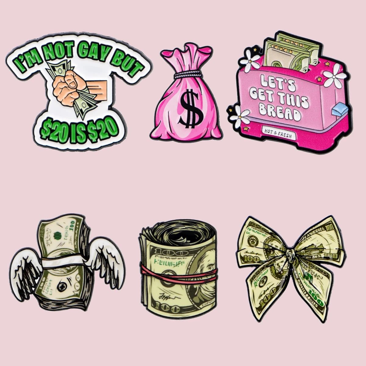 Spille e Distintivi in Smalto con Scritta 'Let's Get This Bread' e Motivi Denaro e Dollari, per Decorazione Zaino, Accessori Gioiello, Regalo
