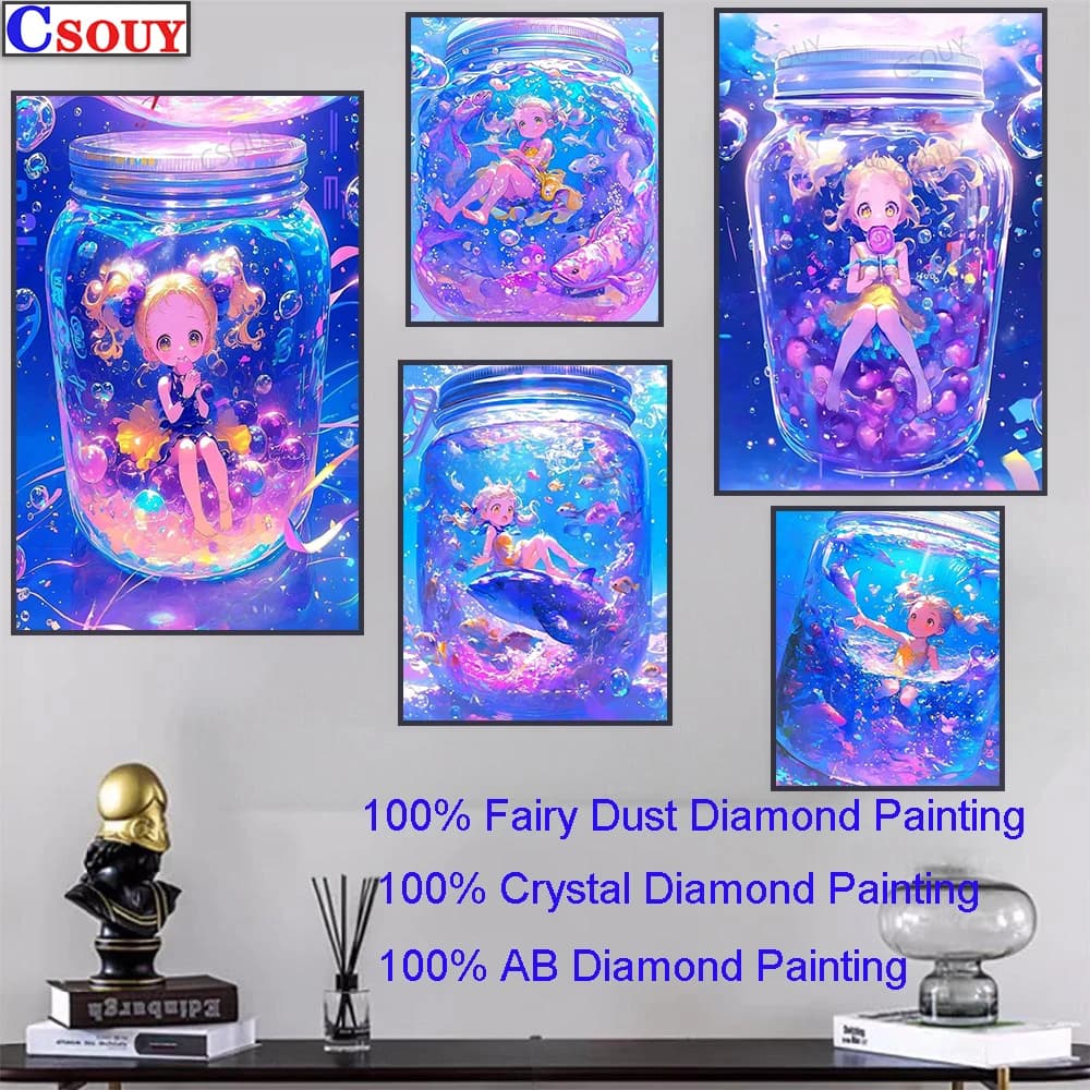 100% Fairy Dust Diamond Painting Ocean Angel Bottle Picture Square Diamond Embroidery Stitch AB Diamond Full Crystal Decor Art