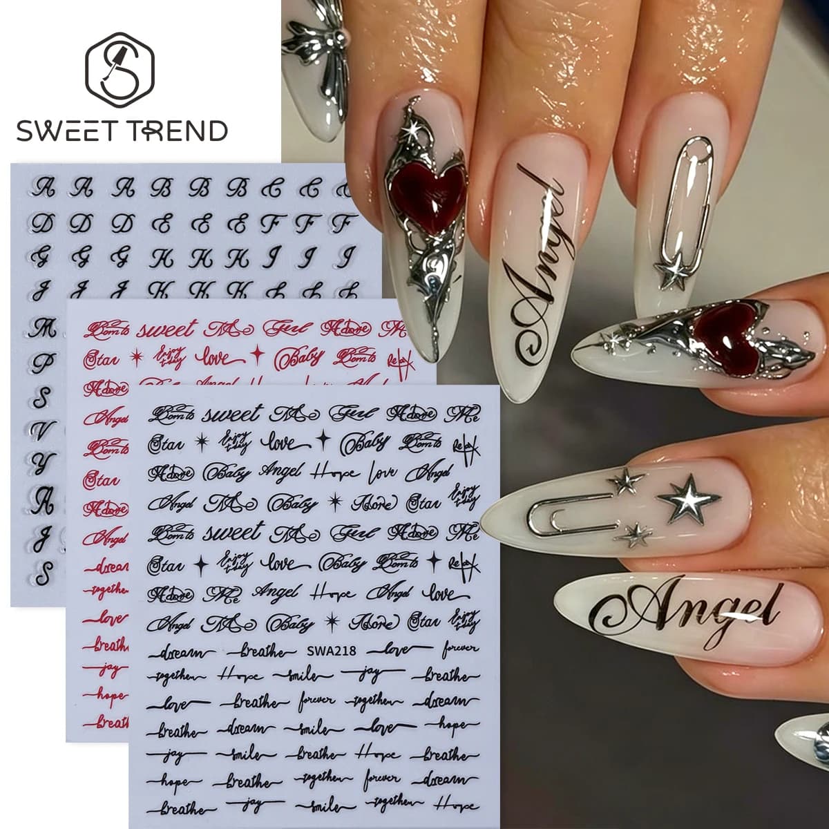 3 Adesivi per Unghie con Lettere Inglesi, Neri e Rossi, Stile Y2K, con Decalcomanie Alfabeto, Design Elegante, Lucidi, per Manicure Fai da Te