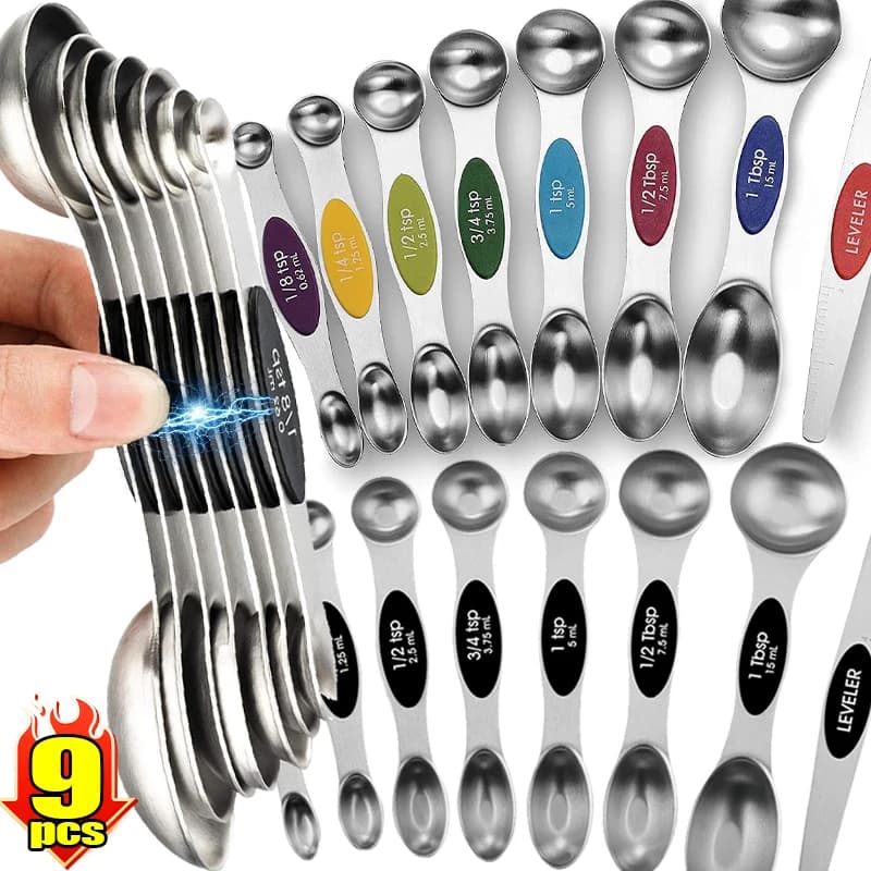 Set di cucchiai dosatori magnetici da 9 pezzi, livellatore in acciaio inossidabile, bilancia per condimenti su due lati, palette a doppia testa, gadget da cucina