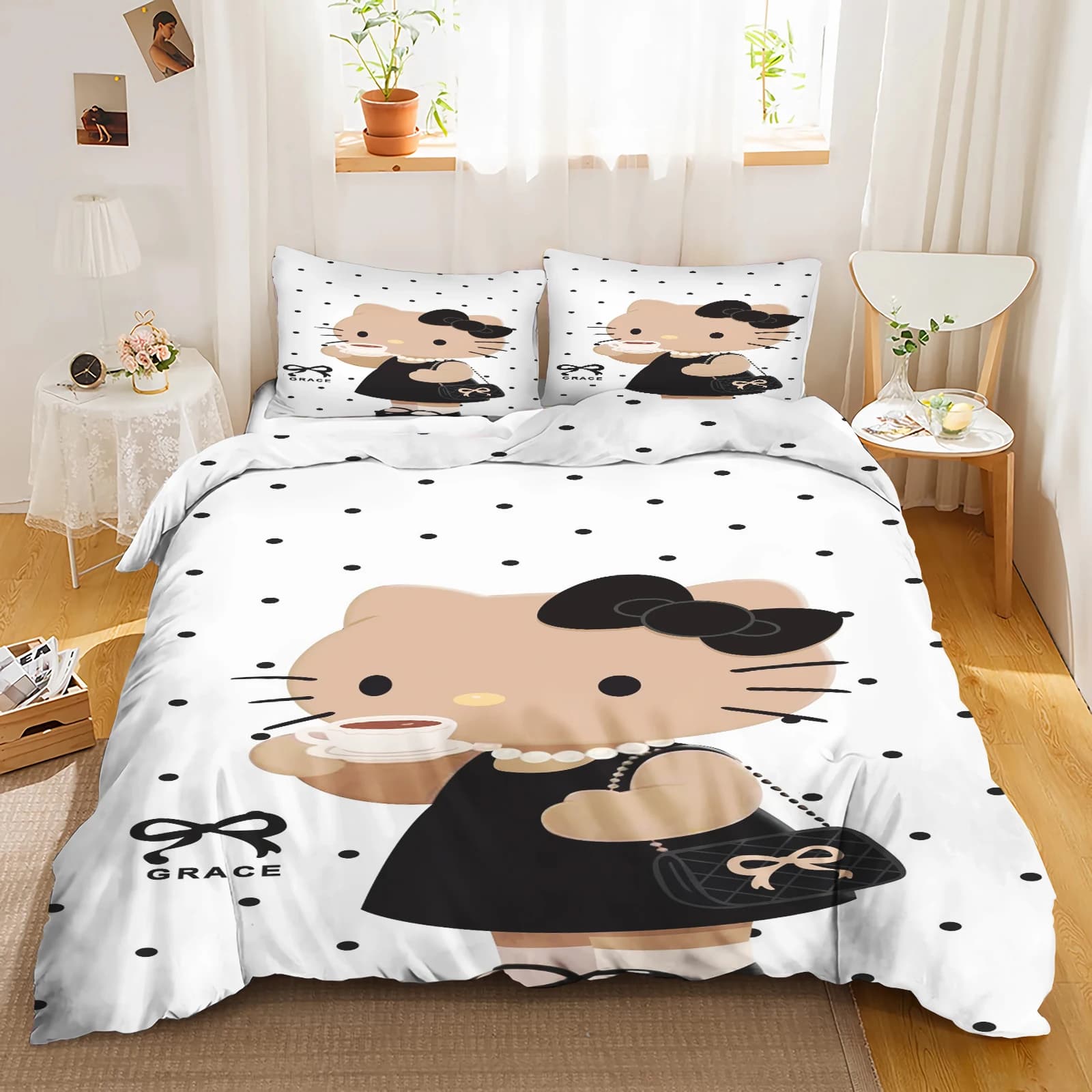 Set di biancheria da letto 3D con stampa leopardata Hello Kitty, set di 3 pezzi, set copripiumino king size, biancheria da letto carina con cartoni animati per bambini, decorazioni per la camera da letto delle ragazze