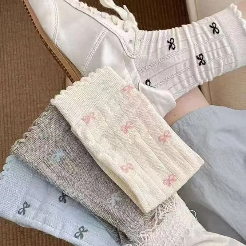 4 Pairs Bow Pattern Women Female Sports Socks Mid-Calf Socks Spring Summer Winter Holiday Gifts On Sale Clearance Dress Sock