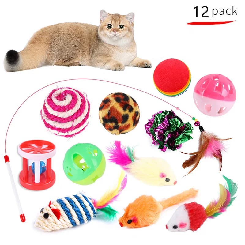 Set di Giocattoli per Gattini - Confezione Assortita di Giocattoli per Gatti, Set Combinato con Bastoncino, Topo in Sisal, Palla con Campanello, Accessori per Gatti
