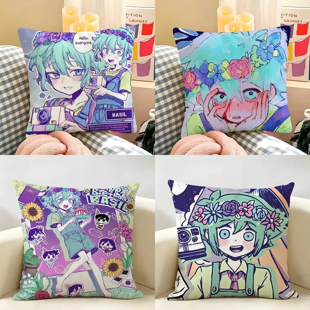 O-Omori Aubrey Basil Cute Cushion Cover Natural Linen Organic Fabric Double-Sided Printing Room Sofa Decor Pillow Case