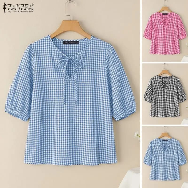 2026 ZANZEA Summer Women Tops Plaid Shirt V Neck Short Sleeve Blusas Stylish Holiday Lace -Up Blouse Female OL Work Tunic Mujer