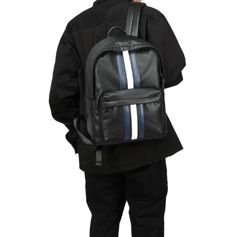 Fashion Striped Backpack Men Luxury PU Leather Men's Backpack Business 14 Inch Laptop Backpacks Male Large Capacity Schoolbag